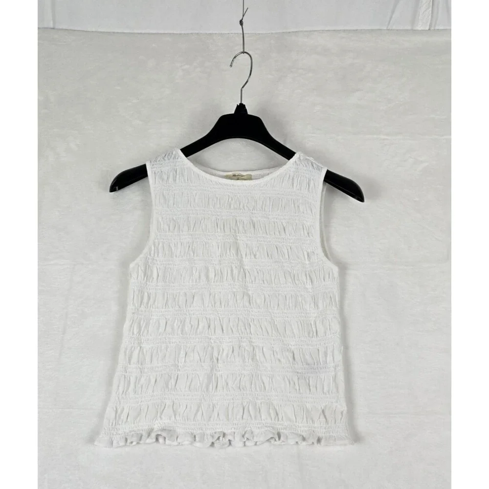 Madewell Smocked Boatneck Tank Top Women White Cotton-Linen Blend Size Med - Picture 4 of 11